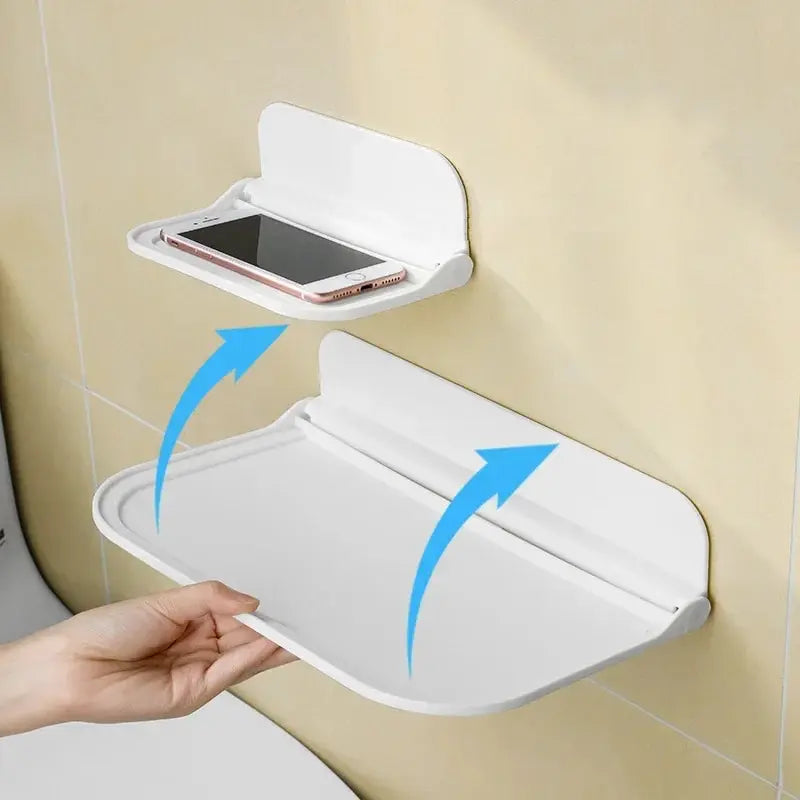 Fold-Down Wall Shelf with Phone Holder-No Drill Bathroom Organizer
