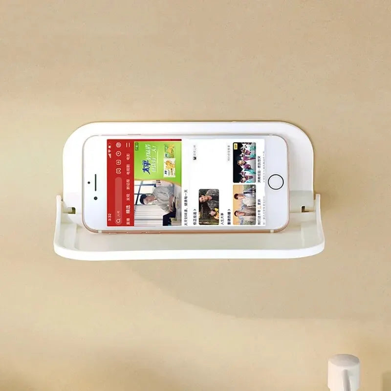 Fold-Down Wall Shelf with Phone Holder-No Drill Bathroom Organizer