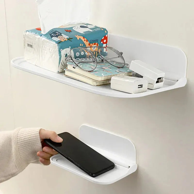 Fold-Down Wall Shelf with Phone Holder-No Drill Bathroom Organizer